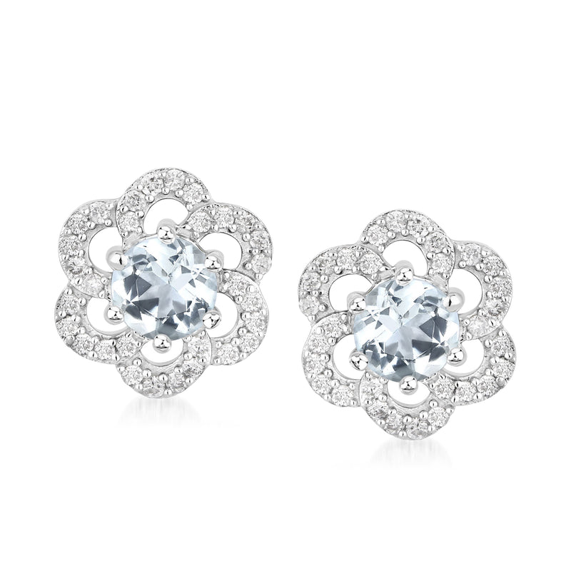 Aquamarine and diamond stud earrings in 14kt white gold, floral halo, round post