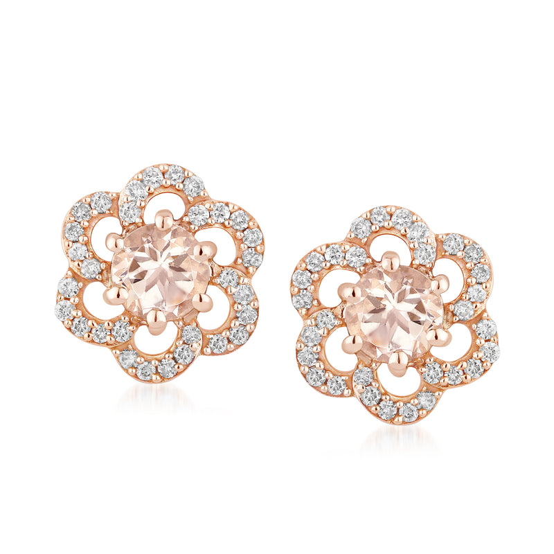Rose gold morganite stud earrings with diamond halo, floral four-petal cluster