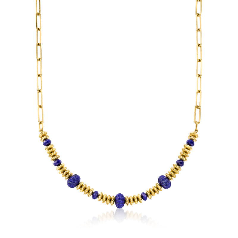 18kt gold over sterling lapis bead paper clip link necklace with blue gemstone beads