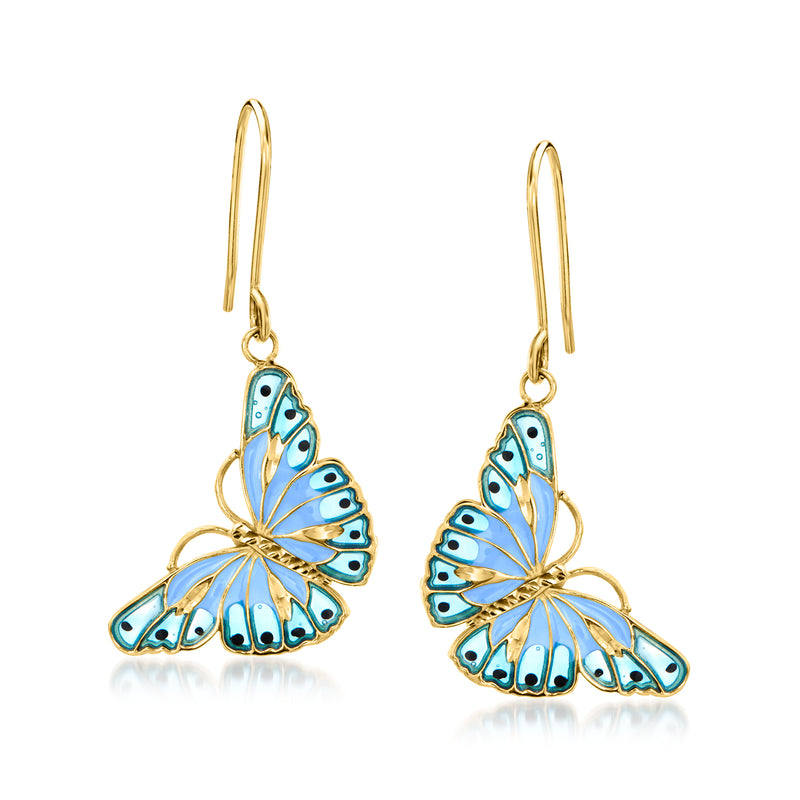14kt yellow gold drop earrings with blue enamel butterfly charms and earwire hooks