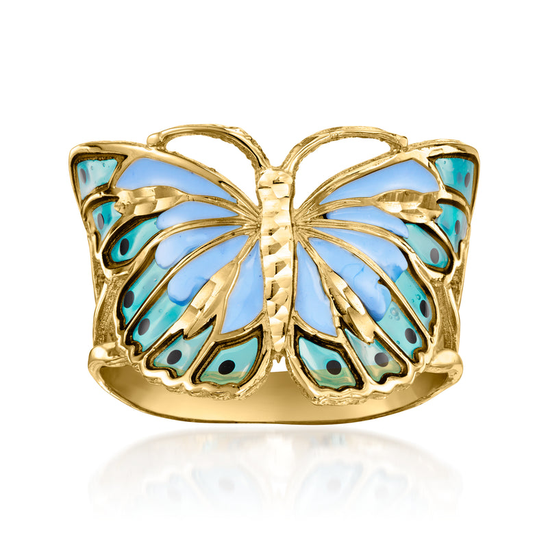 14kt yellow gold butterfly ring with blue and teal enamel accents