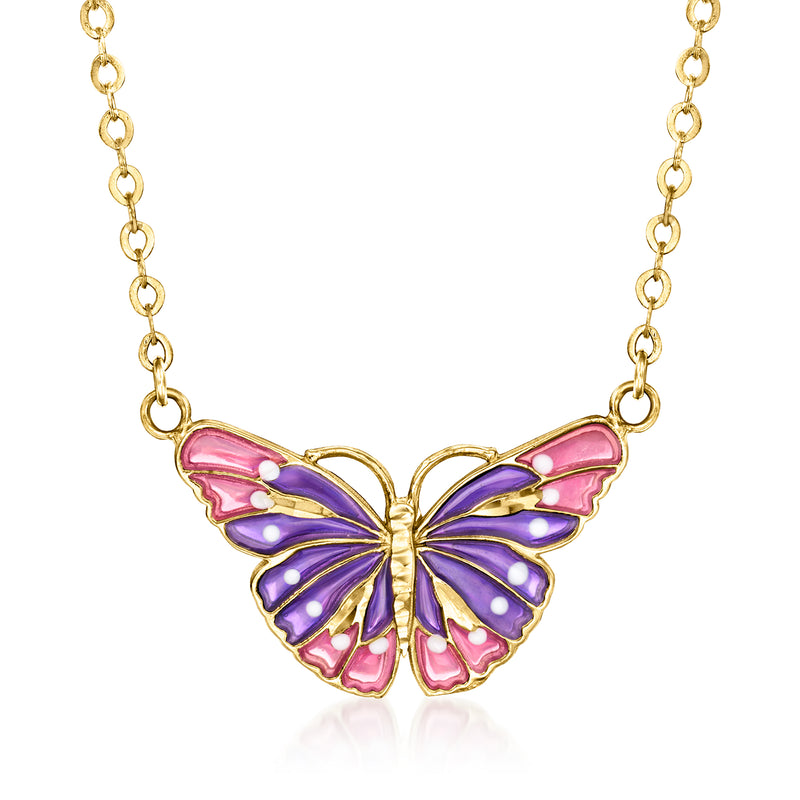 14kt yellow gold butterfly enamel necklace with multicolored pink and purple wings