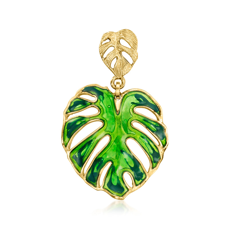14kt yellow gold palm leaf enamel pendant with green leaf design