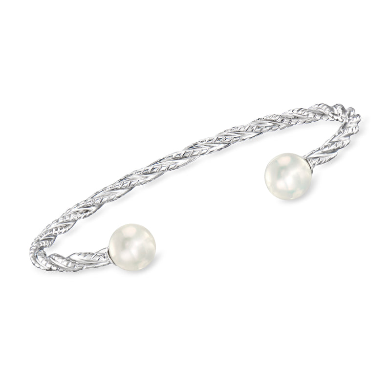 Sterling silver cuff bracelet with twisted chain and two 8–8.5mm cultured pearls