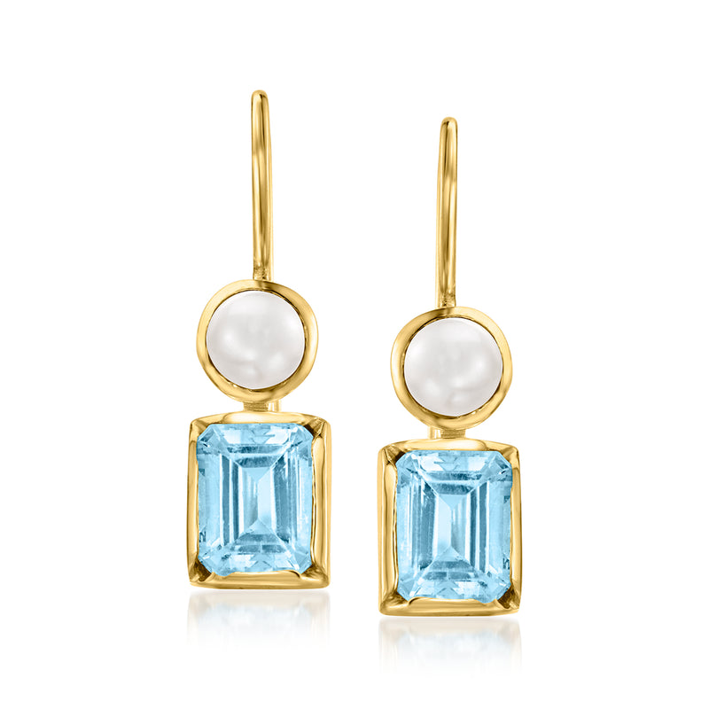 Gold drop earrings with round cultured pearl and square sky blue topaz on earwire