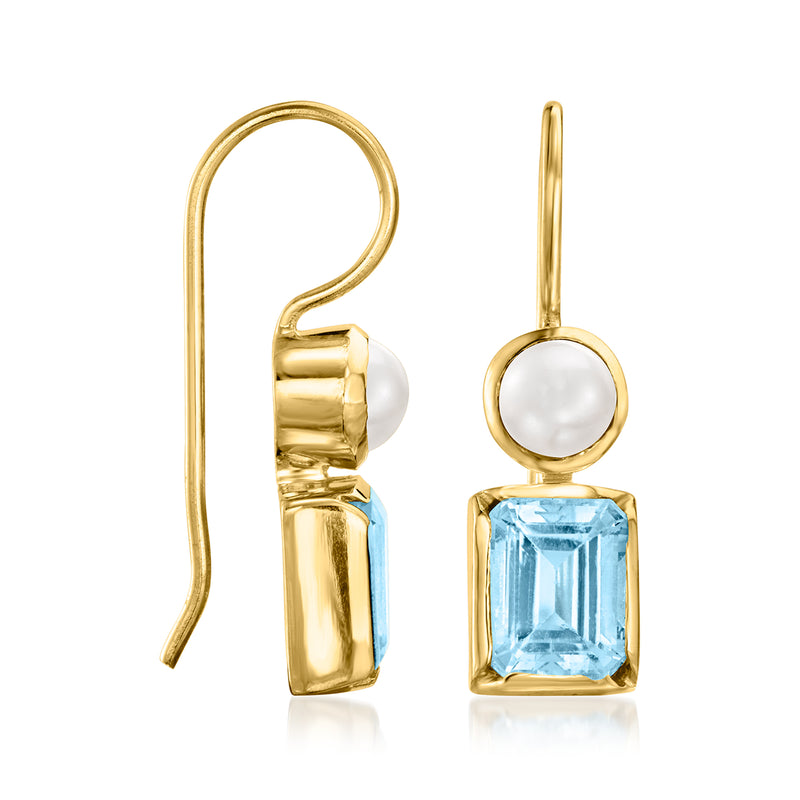 Gold earwire drop earrings with white cultured pearl and square sky blue topaz