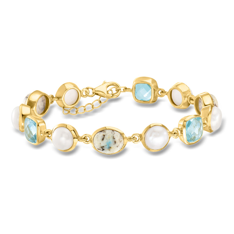 Gold-tone bracelet with sky-blue stones, white pearls, and a gray jasper centerpiece