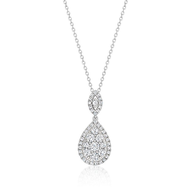 Sterling silver diamond cluster pendant necklace with teardrop oval drop and cable chain