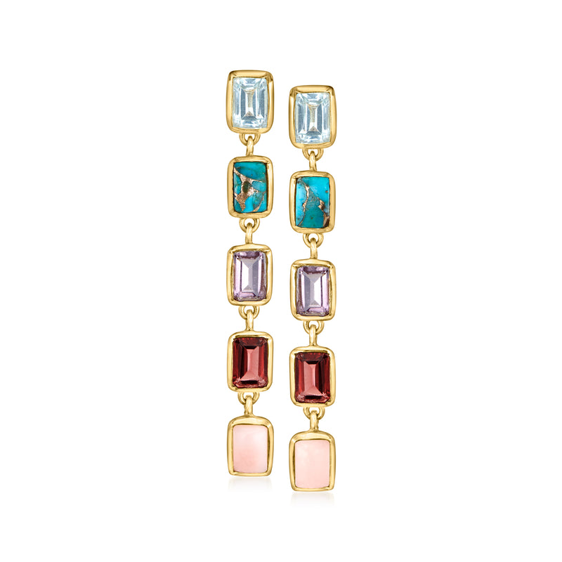 Gold-tone multi-gemstone drop earrings with rectangular light blue, teal, purple, red stones