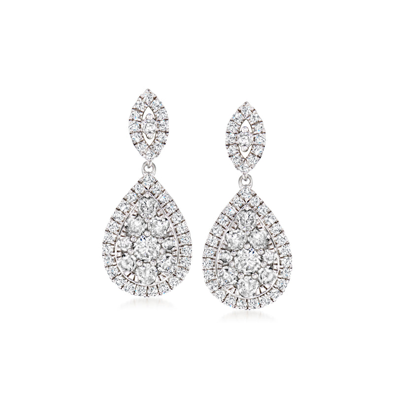 Sterling silver diamond cluster drop earrings, marquise teardrop with prong-set stones