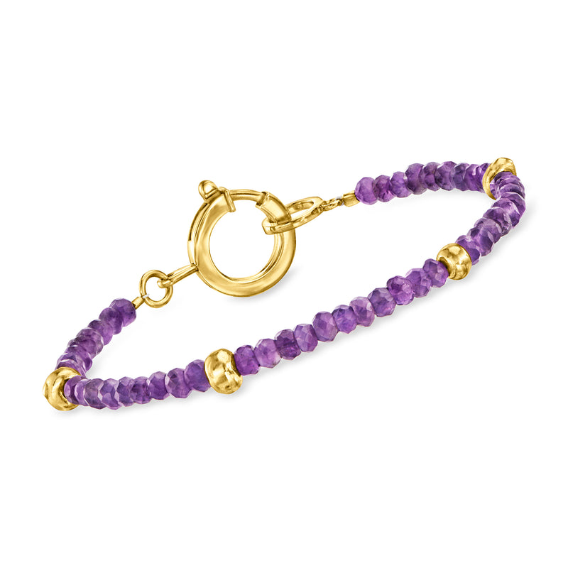 Amethyst bead bracelet with purple round beads and gold-tone hinged clasp link