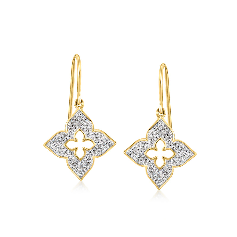 14kt yellow gold diamond clover drop earrings with earwire hooks