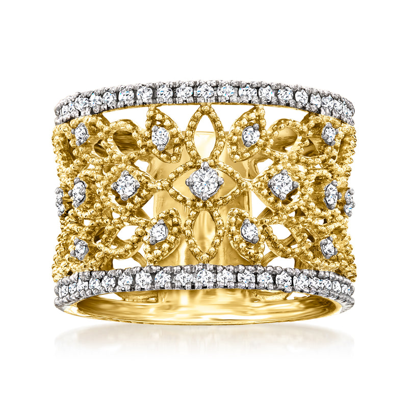 18kt gold over sterling diamond ring with filigree and pavé stones