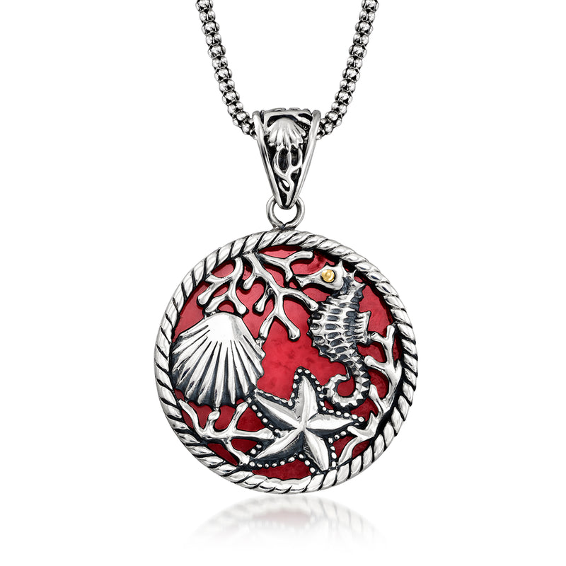 Sterling silver sea-life pendant necklace with round red coral sea scene, shell and seahorse charm