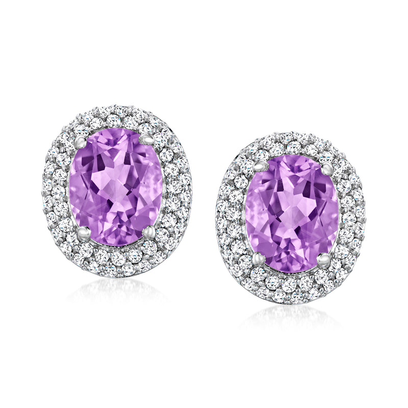 Sterling silver oval amethyst stud earrings with white topaz halo and post backs