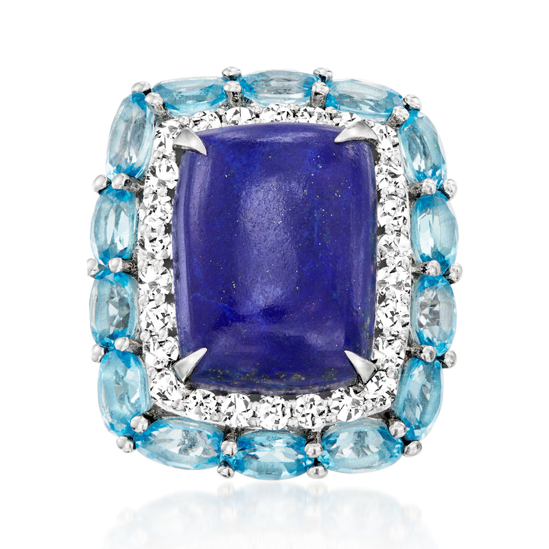 Sterling silver ring with cushion Swiss Blue Topaz center, white zircon halo, blue topaz sides