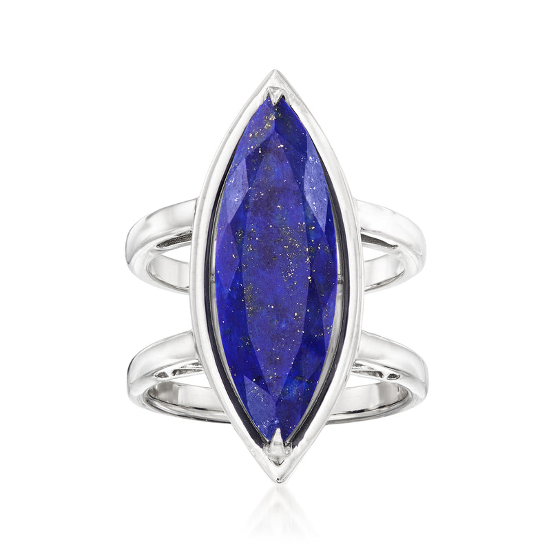 Sterling silver marquise lapis ring with tall blue marquise gemstone, open band