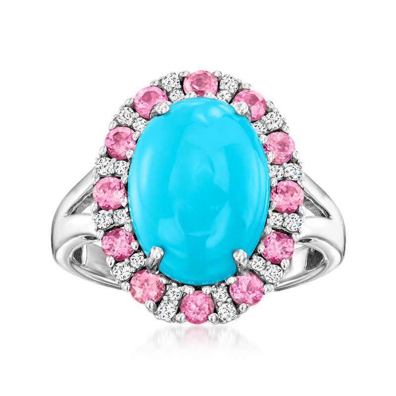 Sterling silver ring with oval turquoise gemstone and pink stone halo, white zircon accents
