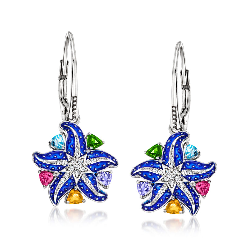 Sterling silver starfish drop earrings with blue enamel and multicolor gemstones