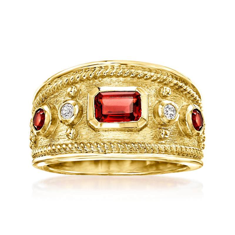 Etruscan-style gold ring with square red garnet center and four red accents