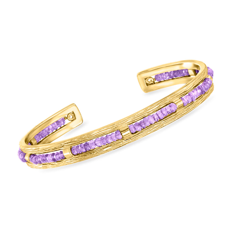 Amethyst bead cuff bracelet with purple stones on 18kt gold over sterling band