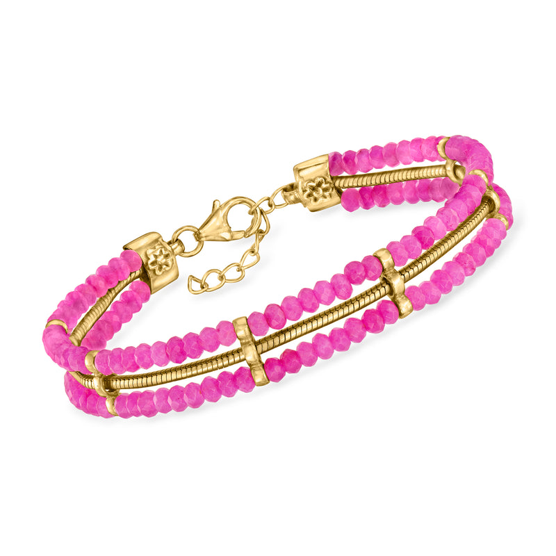 Pink quartz bead bracelet with gold snake-chain accents and clasp closure