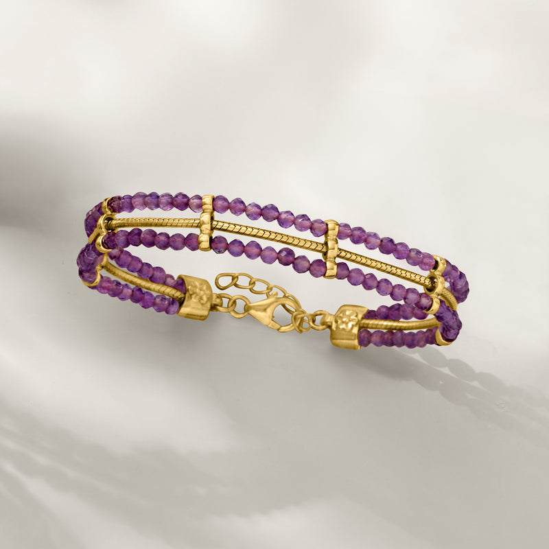 Purple amethyst bead bracelet with gold snake-chain links and clasp