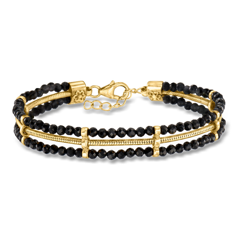 Black bead spinel bracelet with gold bar links and toggle clasp, 3-row design