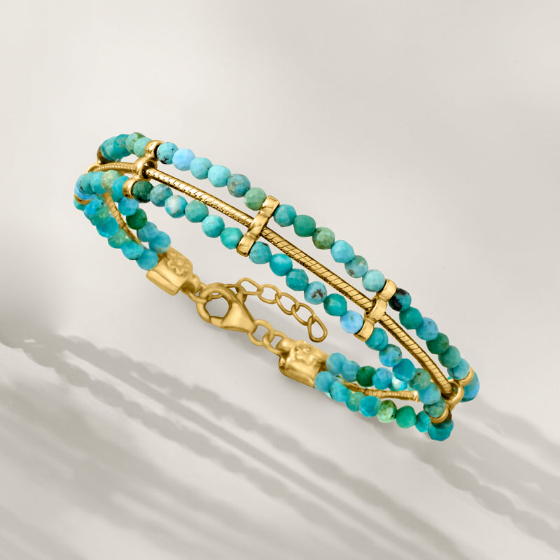 Turquoise beaded triple-wrap bracelet with gold bars and snake-chain links