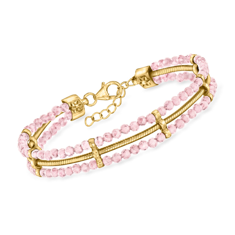 Gold-tone bracelet with pink rose quartz bead rows, snake-chain style, hinged clasp