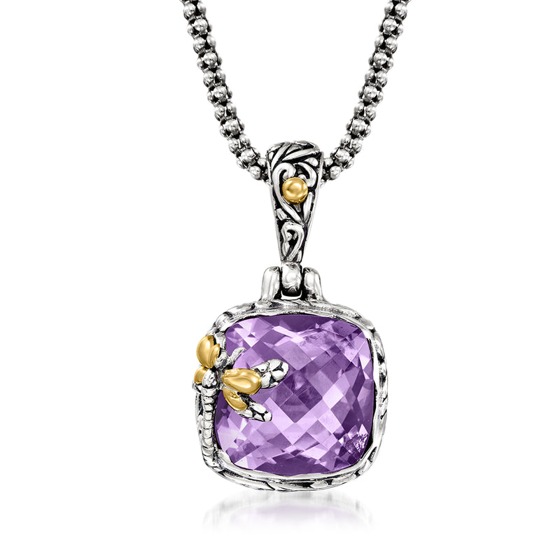 Amethyst dragonfly pendant necklace in sterling silver with 18kt yellow gold accents