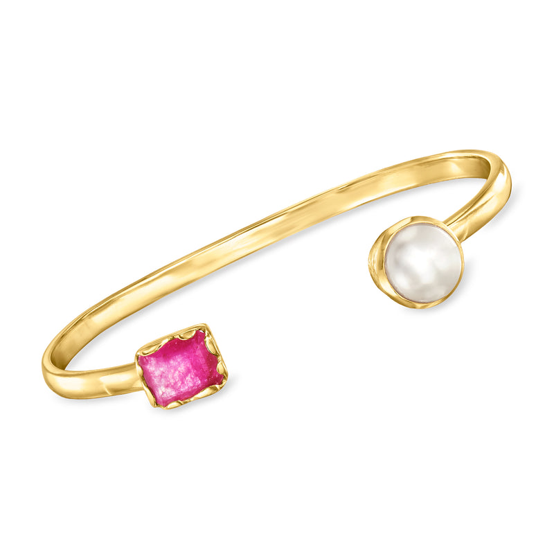 Gold cuff bracelet with pink square quartz and round white pearl accents