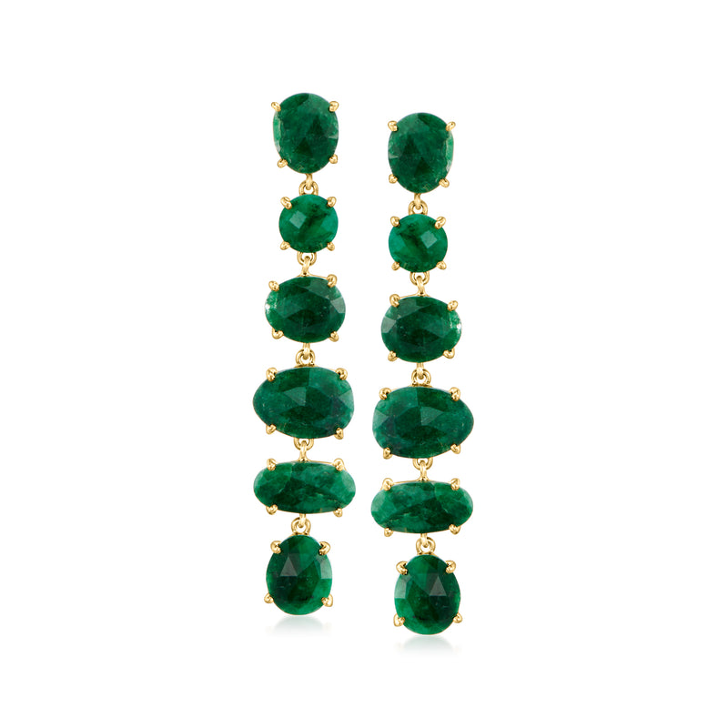 Gold drop earrings with stacked oval green gemstone drops, linear design