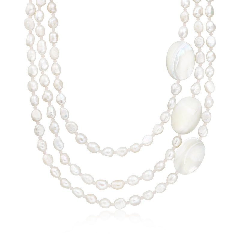 Three-strand cultured pearl necklace with white shell bead drops
