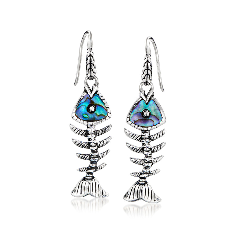 Sterling silver fish bone drop earrings with blue-green abalone shell detail