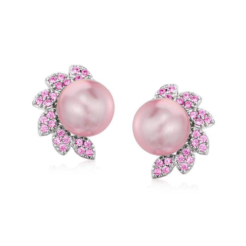 Pink cultured pearl flower stud earrings with pink gemstone petals, sterling silver