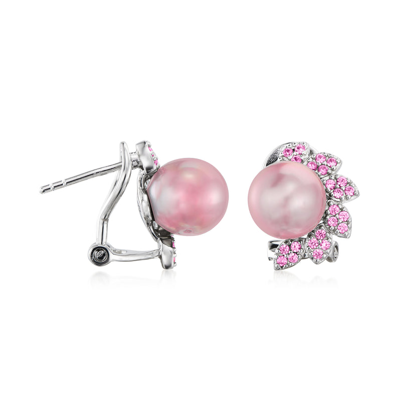 Pink cultured pearl flower stud earrings, sterling silver posts with pink gemstone accents