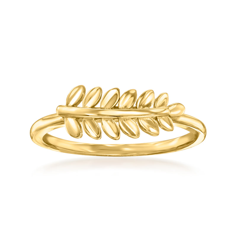 14kt yellow gold leaf ring with raised leaf design across the top