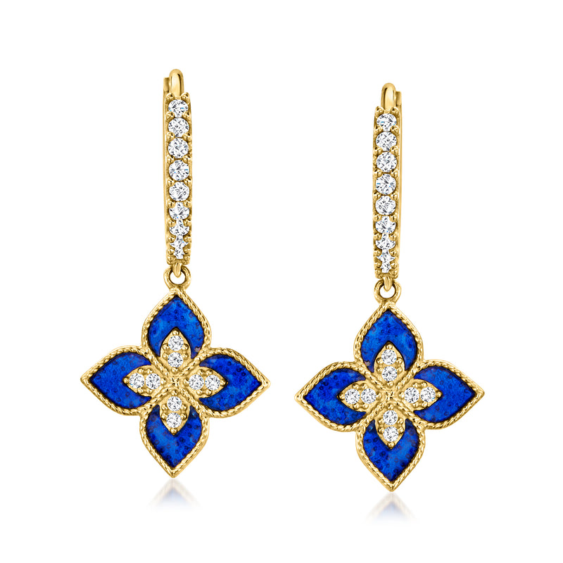 14kt yellow gold hoop drop earrings with blue enamel flower and clear stones
