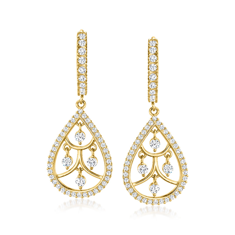 14kt yellow gold CZ teardrop hoop earrings with three-stone drop design