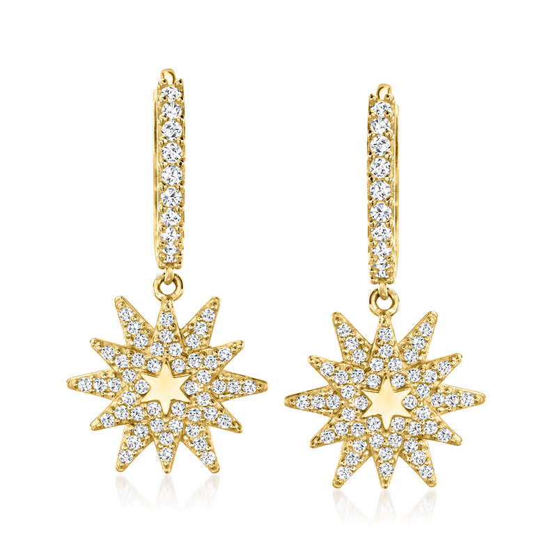 14kt yellow gold CZ starburst hoop drop earrings with sparkly stone star charms