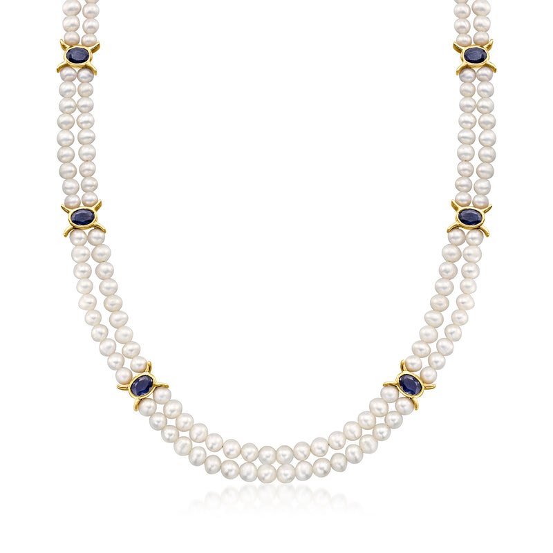 Cultured pearl station necklace with round blue sapphire accents in gold over sterling