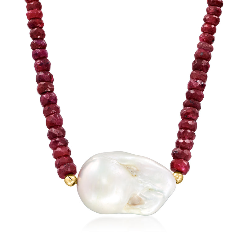 Baroque pearl pendant necklace with ruby bead strands and gold clasp accents
