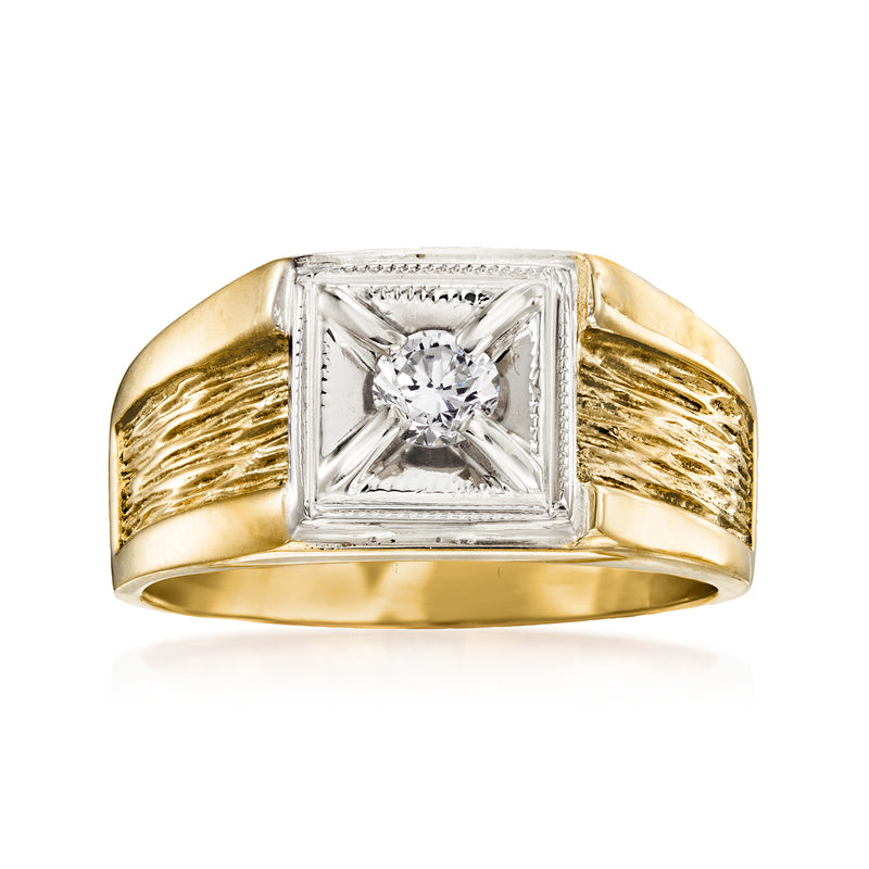 Men's 14k yellow gold vintage diamond ring with square bezel and round center stone
