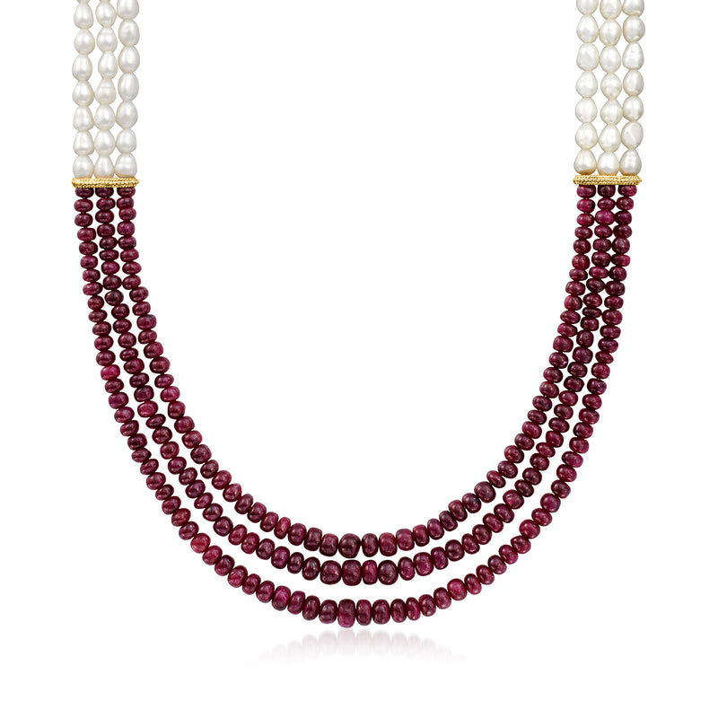 Cultured pearl and ruby bead necklace with layered dark red beads and white pearls