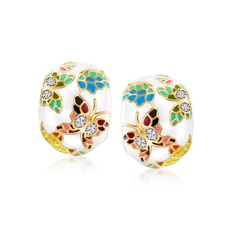 White enamel butterfly J-hoop earrings with multicolor enamel and small clear stones