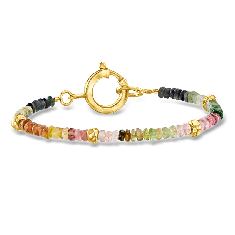 Multicolored tourmaline bead bracelet with gold over sterling clasp and round spacer beads