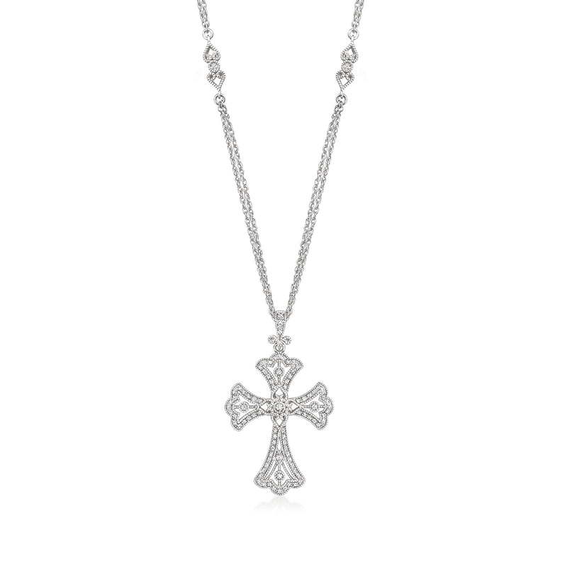 Sterling silver diamond cross pendant necklace with delicate chain, small cross charm