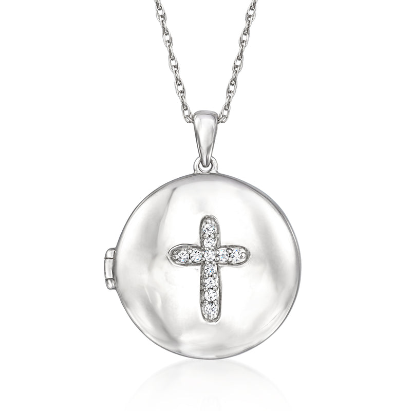 Sterling silver round locket necklace with diamond cross pendant