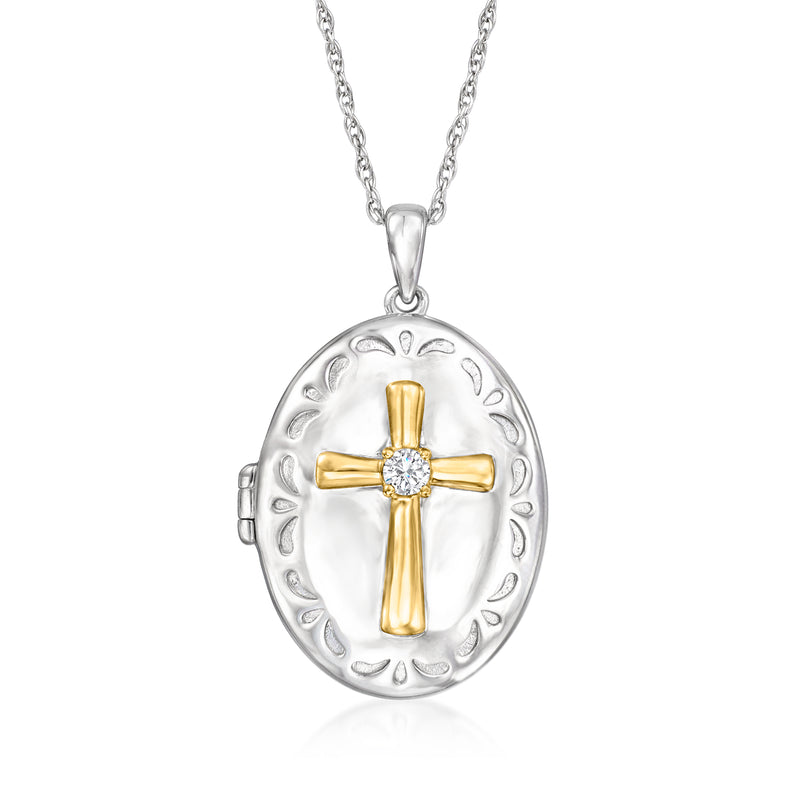 Sterling silver cross locket necklace with 18kt gold accents and small round diamond